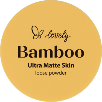 Matujący puder sypki Lovely Bamboo Ultra Matte Skin, okrągła złota etykieta z motylem i czarnym napisem.