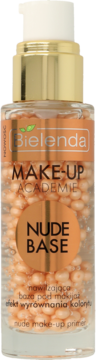 Bielenda Make-Up Academie Nude Base, baza z beżowymi perełkami w przezroczystej butelce ze złotą pompką.