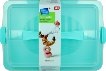 Turkusowy prostokątny pojemnik na ciasto Party Butler z uchwytami, widok z góry, z etykietą ze słodyczami.