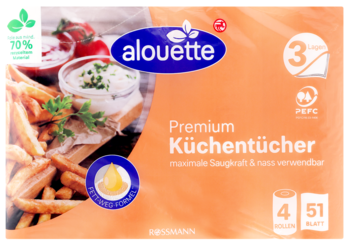 Opakowanie ręczników kuchennych Alouette Premium, 3-warstwowych (4 rolki, 51 arkuszy), z frytkami na pomarańczowym tle.