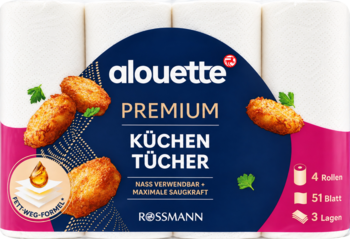 Opakowanie Alouette Premium Küchen Tücher, 4 białe rolki, 3-warstwowe, z ciemnoniebieską etykietą i grafiką smażonych krokietów.