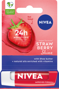 NIVEA Strawberry Shine pomadka do ust w czerwonym blistrze, z truskawką, 24h nawilżenia i masłem shea, widok z przodu.