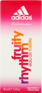 Pionowe pudełko Adidas Fruity Rhythm Eau de Toilette, różowo-białe, z dużym napisem "fruity rhythm".