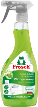 Frosch Winogronowy płyn do kabin prysznicowych, zielona butelka z atomizerem, widok z przodu, na kamień.