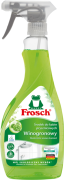 Frosch Winogronowy płyn do kabin prysznicowych, zielona butelka z atomizerem, widok z przodu, na kamień.