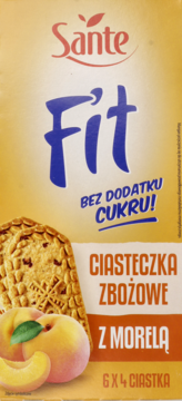 Sante Fit ciastka zbożowe z morelą, bez dodatku cukru, żółte opakowanie z wizerunkiem ciastka.