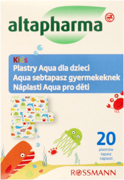 Altapharma Kids plastry Aqua, wodoodporne, 20 szt. Opakowanie Rossmann z morskimi wzorami.