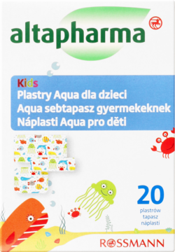 Altapharma Kids plastry Aqua dla dzieci, białe opakowanie z kolorowymi morskimi wzorami, widok z przodu. 20 sztuk.