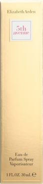 Elizabeth Arden 5th Avenue woda perfumowana w pionowym, złotym pudełku z białym logo i różowym napisem, 30ml.