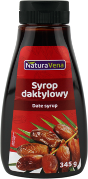 Butelka ciemnobrązowego syropu daktylowego NaturaVena, czerwona etykieta z datami, widok frontalny, 345 g.