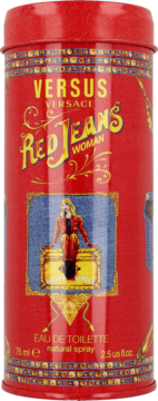 Czerwona, cylindryczna puszka Versace Red Jeans Woman Eau de Toilette 75 ml, z przodu złotym napisem i grafiką kobiety.
