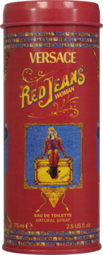 Versace Red Jeans Woman EDT w czerwonej, cylindrycznej puszce, z ilustracją kobiety na skrzyni, widok z przodu.