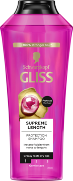 Różowy szampon Gliss Supreme Length, do włosów z przetłuszczającymi się korzeniami i suchymi końcówkami, widok z przodu.