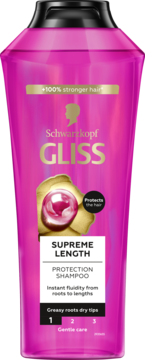 Różowy szampon Gliss Supreme Length, do włosów z przetłuszczającymi się korzeniami i suchymi końcówkami, widok z przodu.