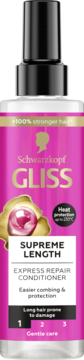 Schwarzkopf Gliss Supreme Length Express Repair Conditioner w różowej butelce, widok z przodu, do długich włosów.