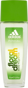Adidas Floral Dream dezodorant w sprayu 75ml, przezroczysta butelka z zieloną nakrętką, widok z przodu.