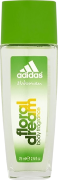 Adidas Floral Dream dezodorant w sprayu 75ml, przezroczysta butelka z zieloną nakrętką, widok z przodu.