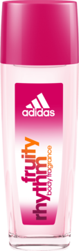 Adidas Fruity Rhythm body fragrance, przezroczysta butelka z różową etykietą i nakrętką, widok z przodu.