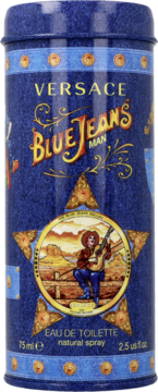 Versace Blue Jeans Man, męska woda toaletowa w niebieskiej, metalowej puszce z ilustracją kowboja, widok z przodu.