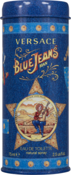Versace Blue Jeans Man EDT w niebieskiej metalowej puszce, widok z przodu, z kowbojem grającym na gitarze.