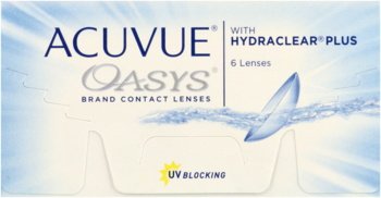 Biało-niebieskie opakowanie soczewek kontaktowych Acuvue Oasys Hydraclear Plus, z filtrem UV, widok z przodu.