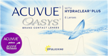 Niebieskie opakowanie soczewek Acuvue Oasys Hydraclear Plus, 6 sztuk, z UV blocking, widok z przodu.
