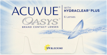 Widok z przodu pudełka soczewek kontaktowych Acuvue Oasys z ochroną UV, biało-niebieskie, 6 sztuk.