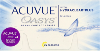 Pudełko Acuvue Oasys soczewek kontaktowych z UV i Hydraclear Plus, 6 sztuk, niebiesko-białe, widok z przodu.