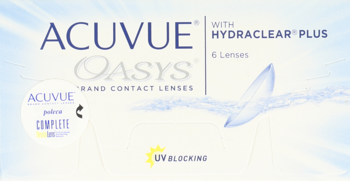 Pudełko ACUVUE Oasys z Hydraclear Plus, 6 soczewek UV, biało-niebieskie, widok z przodu.