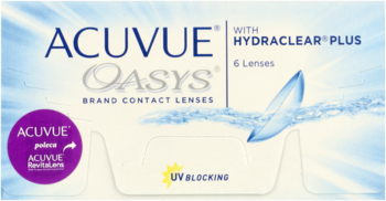 Opakowanie soczewek Acuvue Oasys z Hydraclear Plus, niebiesko-białe, widok z przodu z napisem 6 Lenses i UV Blocking.
