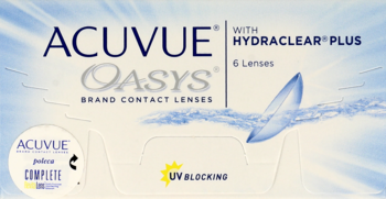 Acuvue Oasys soczewki kontaktowe z HydraClear Plus i filtrem UV, biało-niebieskie pudełko 6 sztuk.