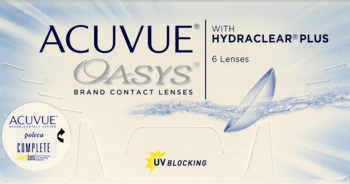 Białe pudełko soczewek Acuvue Oasys z Hydraclear Plus, widok z przodu, napis 6 Lenses i UV Blocking.