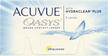 Białe pudełko soczewek ACUVUE OASYS HYDRACLEAR PLUS, 6 sztuk, z filtrem UV, widok frontalny.