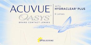 Białe opakowanie soczewek kontaktowych Acuvue Oasys z Hydraclear Plus, z niebieską soczewką i logo UV Blocking.