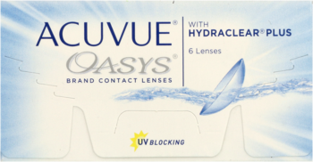 Białe pudełko soczewek ACUVUE OASYS z filtrem UV, 6 sztuk, z logiem HYDRACLEAR PLUS, widok z przodu.