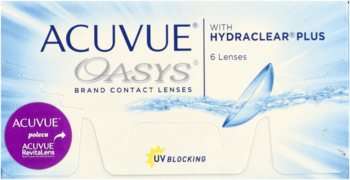 Białe opakowanie soczewek kontaktowych Acuvue Oasys z Hydraclear Plus, widok z przodu, z napisem UV Blocking.