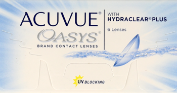 Białe opakowanie soczewek Acuvue Oasys Brand Contact Lenses z Hydraclear Plus, widok z przodu, z blokadą UV.
