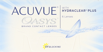 Opakowanie soczewek ACUVUE OASYS Hydraclear Plus, biało-błękitne, z widocznymi soczewkami i napisem UV Blocking.