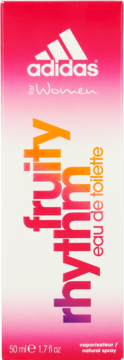 Opakowanie Adidas Fruity Rhythm Eau de Toilette dla kobiet, różowy gradient, duży pionowy napis, widok z przodu.