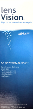 Niebieskie opakowanie płynu lensVision MPSol™ 360 ml do soczewek kontaktowych dla oczu wrażliwych, z białym tekstem, widok z przodu.
