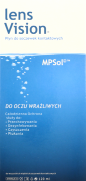 Niebiesko-białe opakowanie płynu lens Vision MPSol 120ml, do soczewek, widok z przodu, z bąbelkami i opisem zastosowań.