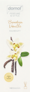 Opakowanie Domol Perfume & Style Bourbon Vanille, patyczki zapachowe z wanilią, z ilustracją kwiatów i lasek.