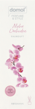 Domol Perfume & Style Aloha Orchidee Raumduft, białe opakowanie z różowymi orchideami i naklejką testową.