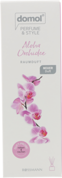 Domol Perfume&Style Aloha Orchidee patyczki zapachowe w białym opakowaniu z różowymi kwiatami orchidei, widok z przodu.