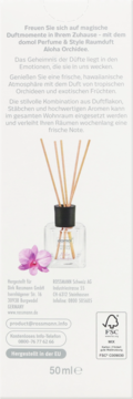 Domol Perfume & Style Aloha Orchidee room diffuser, clear bottle with sticks and pink orchid, on packaging.