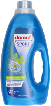 Niebieska butelka domol SPORT płynu do prania, widok z przodu, neutralizuje zapachy z odzieży sportowej.
