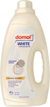 Domol WHITE Feinwaschmittel do białych tkanin w białej butelce z uchwytem, widok z przodu.