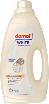 Domol WHITE Feinwaschmittel do białych tkanin w białej butelce z uchwytem, widok z przodu.