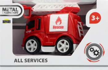 Czerwona metalowa zabawka straż pożarna, z napisem Rescue, w pudełku All Services 3+, widok z przodu.
