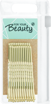 Złote wsuwki do włosów 5 cm na brązowym kartoniku w przezroczystym opakowaniu, z napisem For Your Beauty.